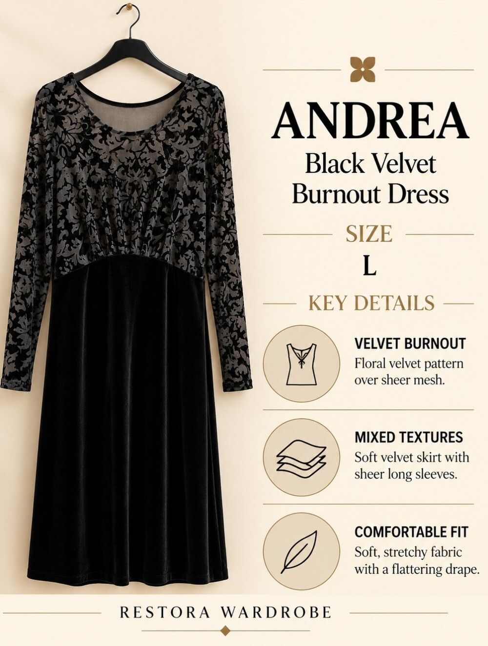 Andrea Dress Black Velvet Burnout Floral Long Sleeve Romantic Size L